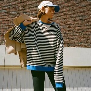 Free People Classic Striped Oversized Crewneck In Black Combo